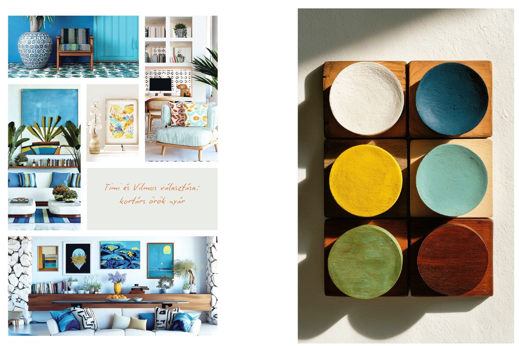Könyvoldalpár: kék „örök nyár” moodboard és festett színkorongok