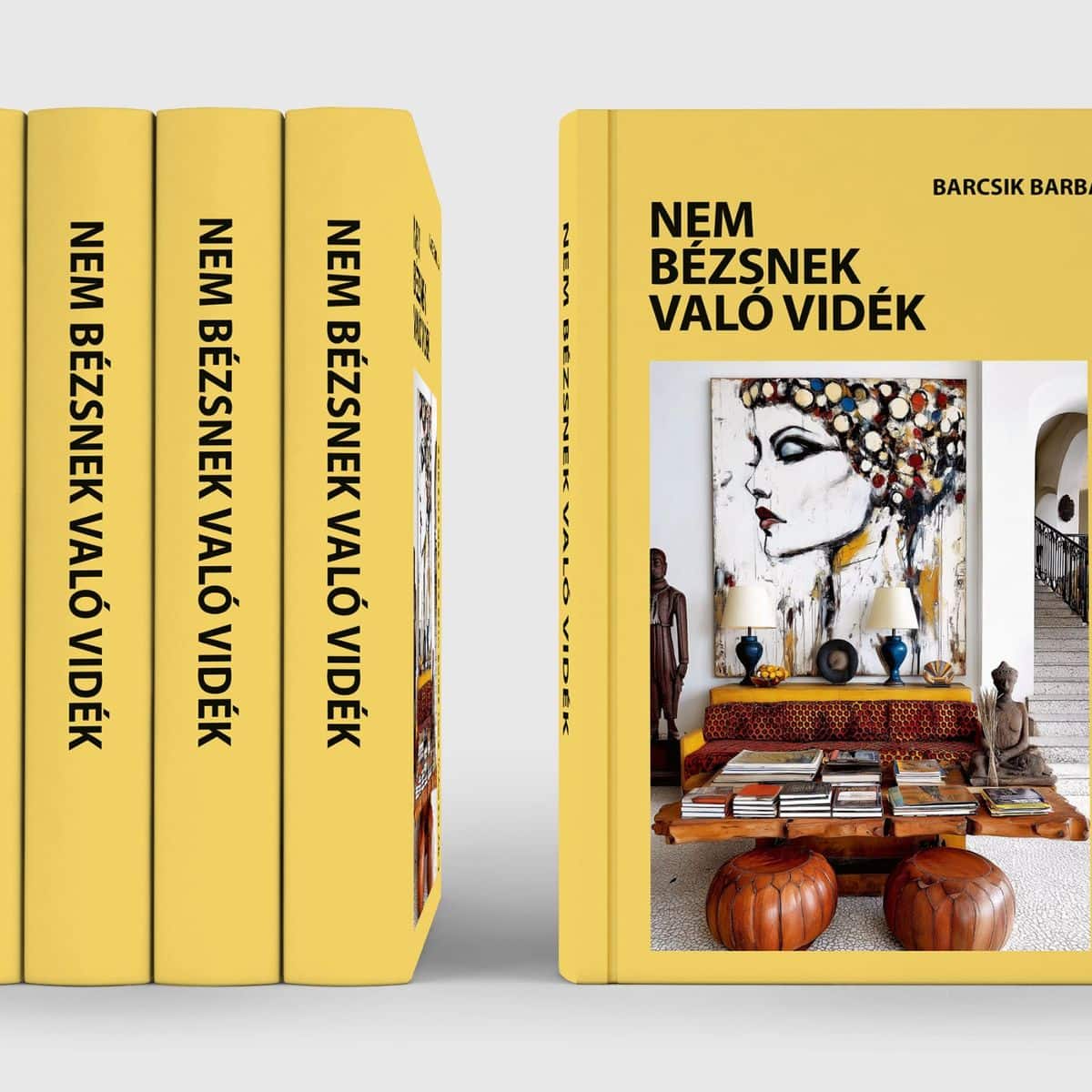A Nem bézsnek való vidék könyvgerincei sorban, mellettük a borító