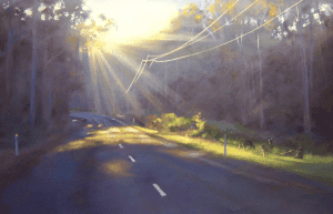Sunlit rural road with spider webs and grazing animals.