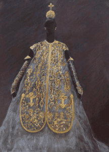 Victorian dress with gold embroidery, winner of 2020 Pastel Society of Victoria exhibition.