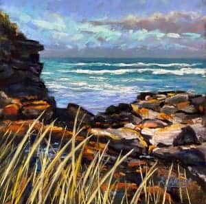 Seaside cliffs with rocky shoreline and ocean waves, showcasing vibrant pastel colours and textured.