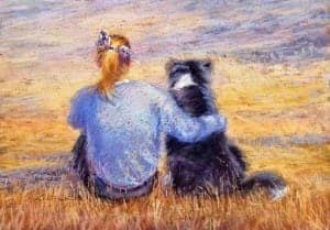 Woman and dog sitting together at sunset in pastel colors.
