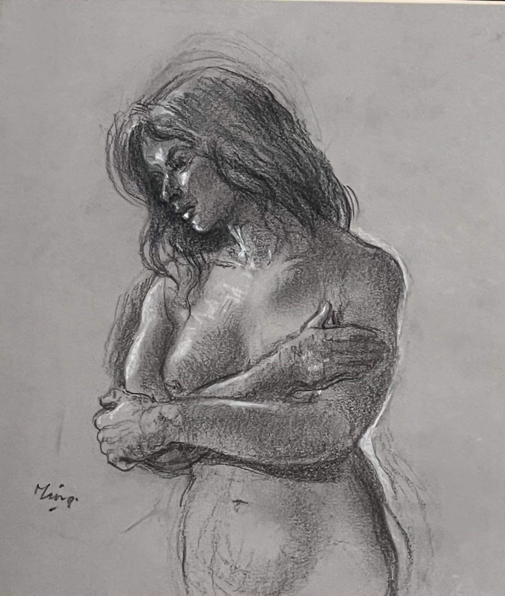 Ming Bellamy Mackay pastel portrait of a woman with long hair, crossing her arms, in a contemplative.