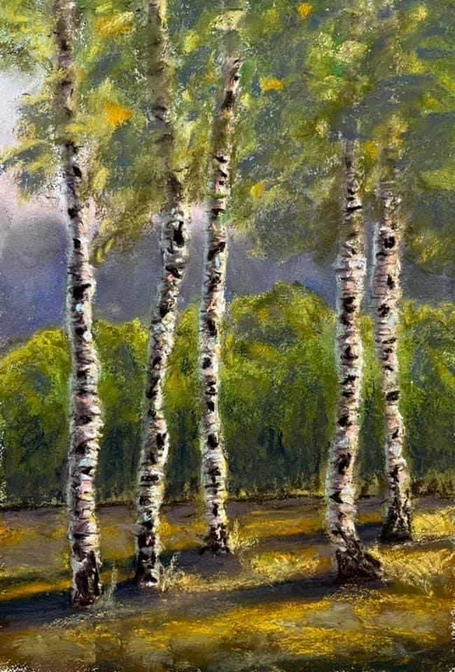 Birch trees in a lush green forest scene, painted with vibrant colors and textured brushstrokes.