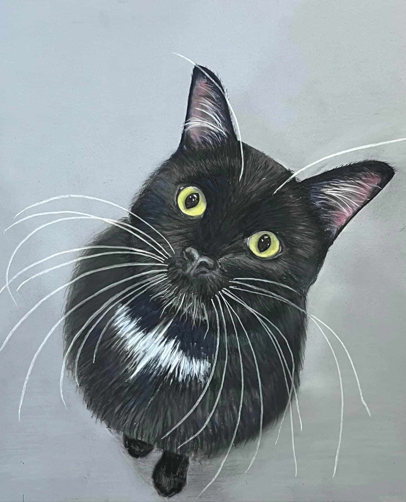 Realistic black cat painting with striking yellow eyes by Michelle Hendrie.