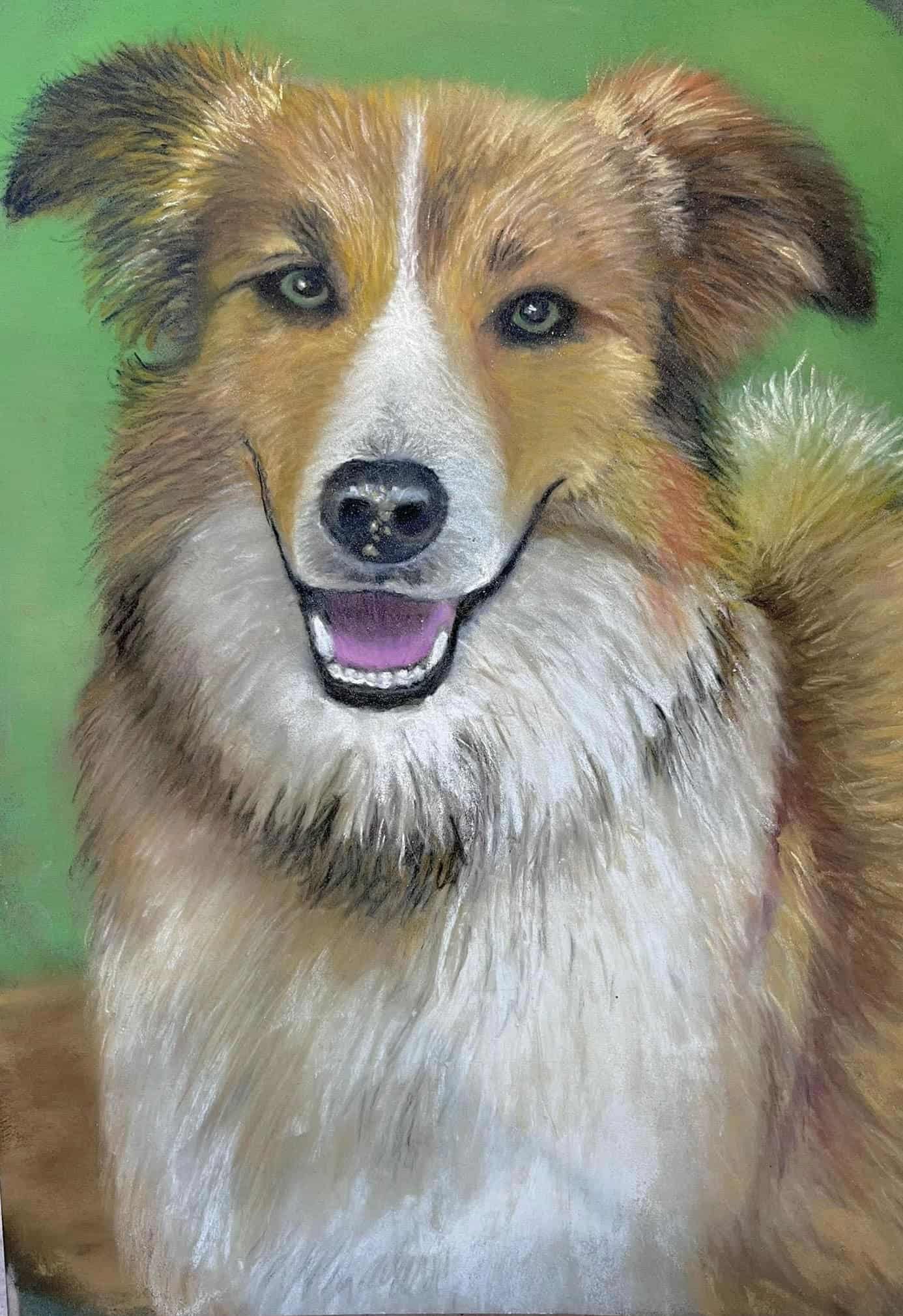 Portrait of a happy, smiling dog with a green background.