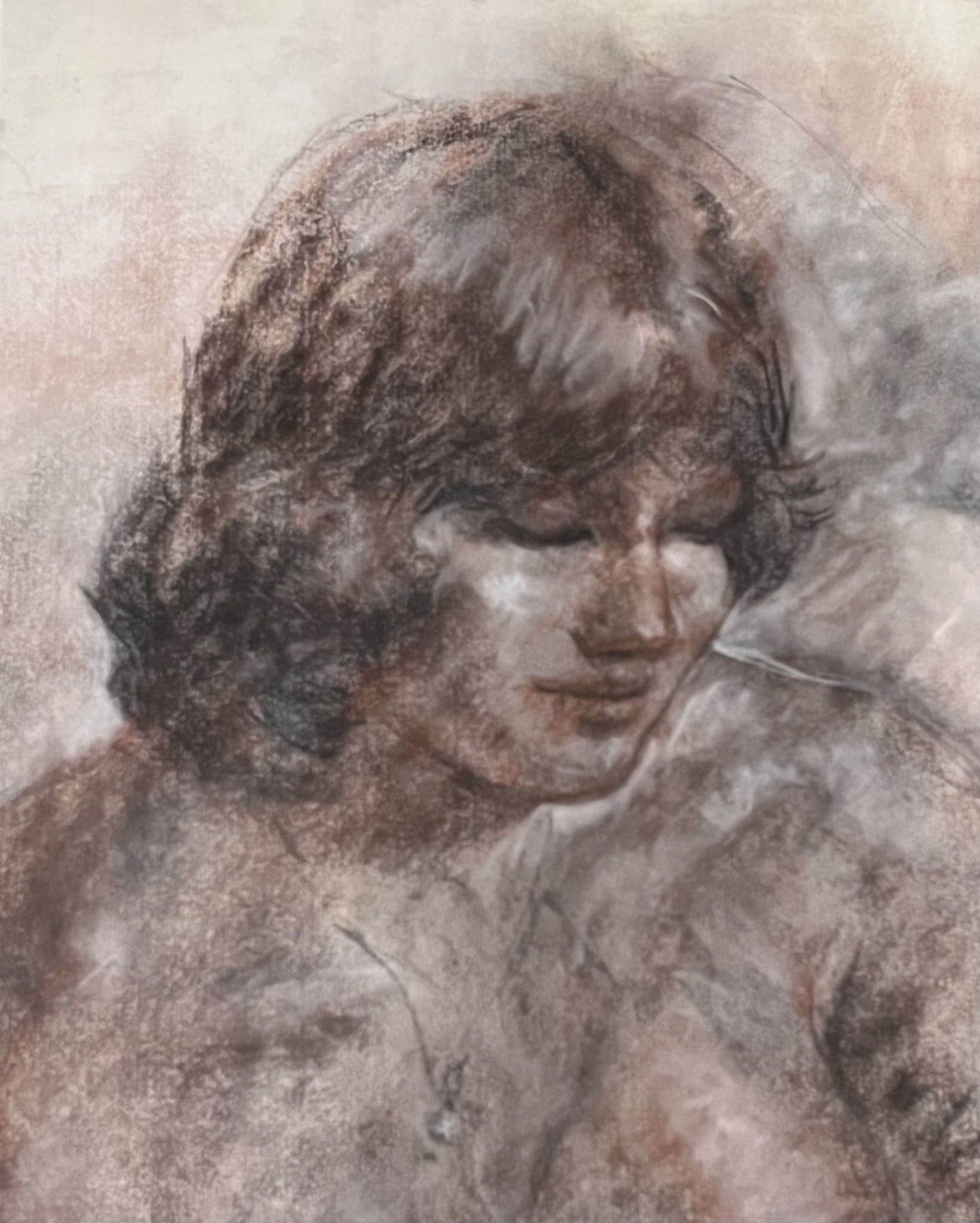 Pastel portrait of Ming Bellamy Mackay, showcasing delicate shading and expressive features.