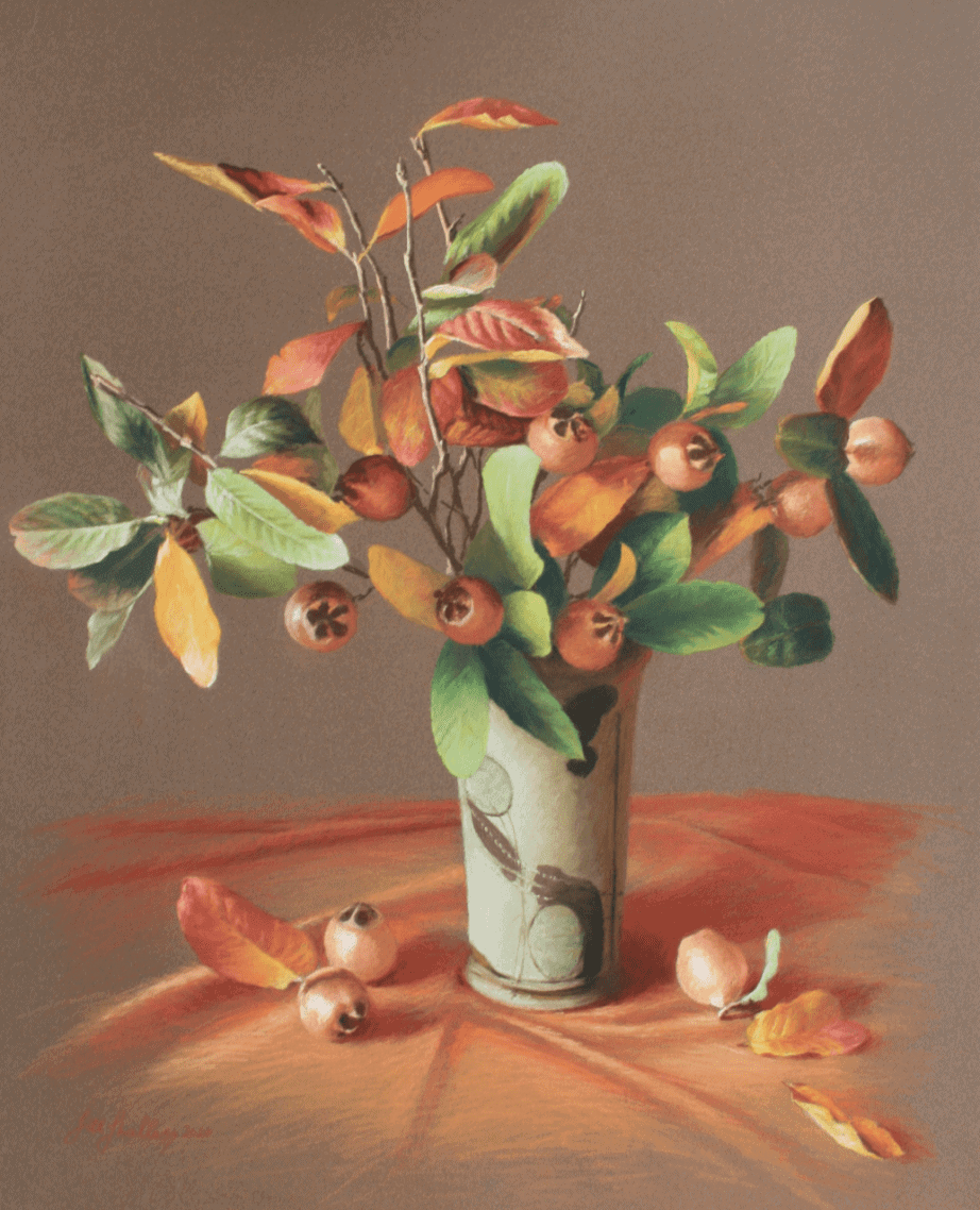 An elegant pastel painting of a floral arrangement with leaves and berries in a vase.