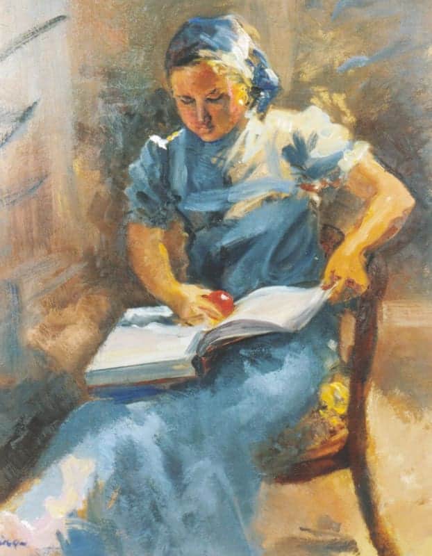 An artwork of a young girl reading a book with a red apple, created with soft pastel colors.