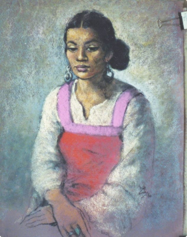 Pastel portrait of a young woman with dark hair and traditional attire.