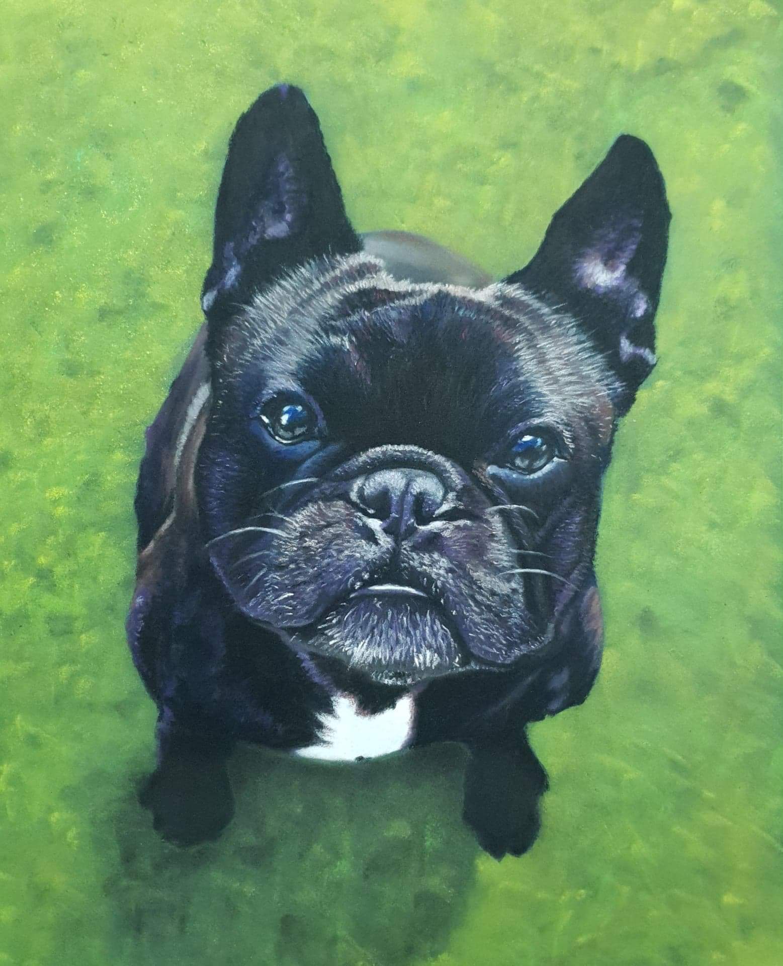 French Bulldog pastel artwork, vibrant green background, detailed pet portrait.