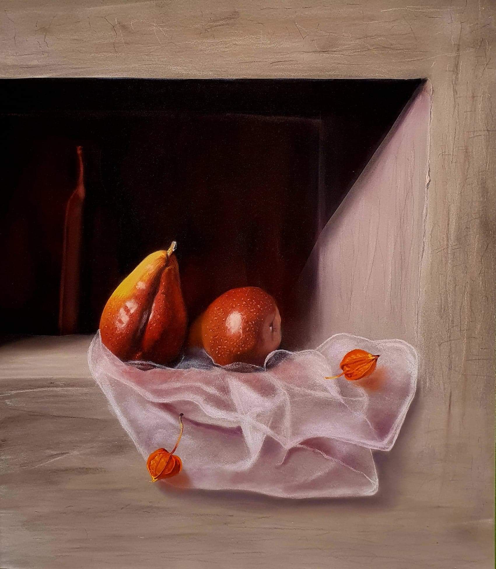 Still life painting of fruit with fabric, showcasing pastel art techniques.