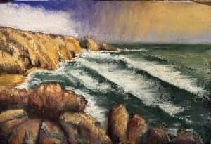 Seascape pastel artwork by The Pastel Society of Victoria, Australia, showcasing coastal cliffs and.
