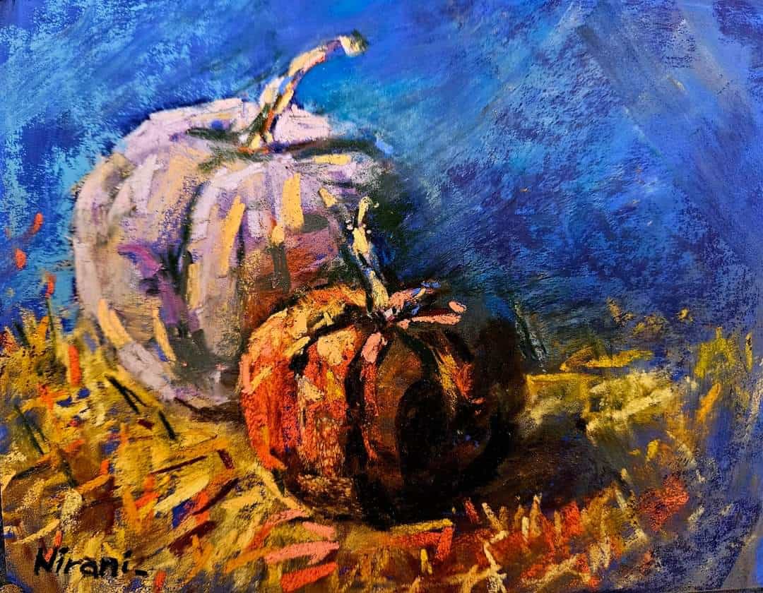 Pumpkins still life oil painting by Nirani Pathirage, showcasing vibrant colours and bold brushstrok.