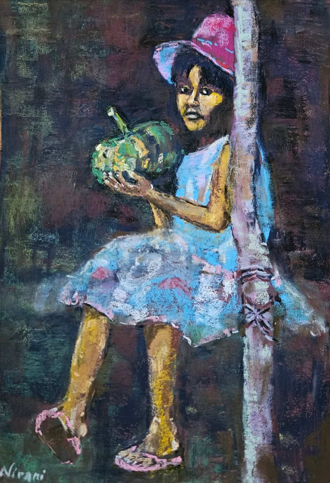 Girl holding a pumpkin in pastel artwork.