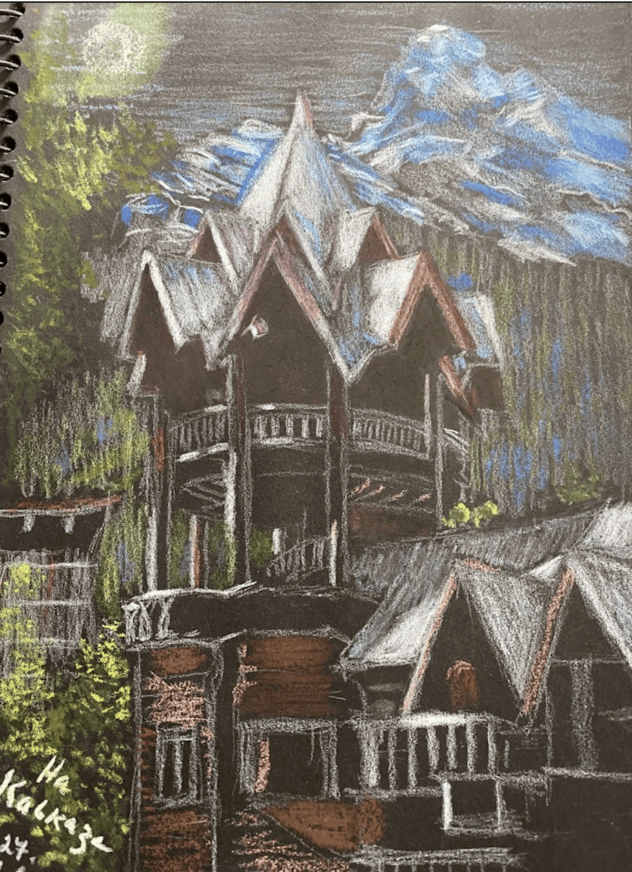 Pastel artwork of Victorian house with mountain scenery, showcasing Helen Louise Rose’s artistic sty.