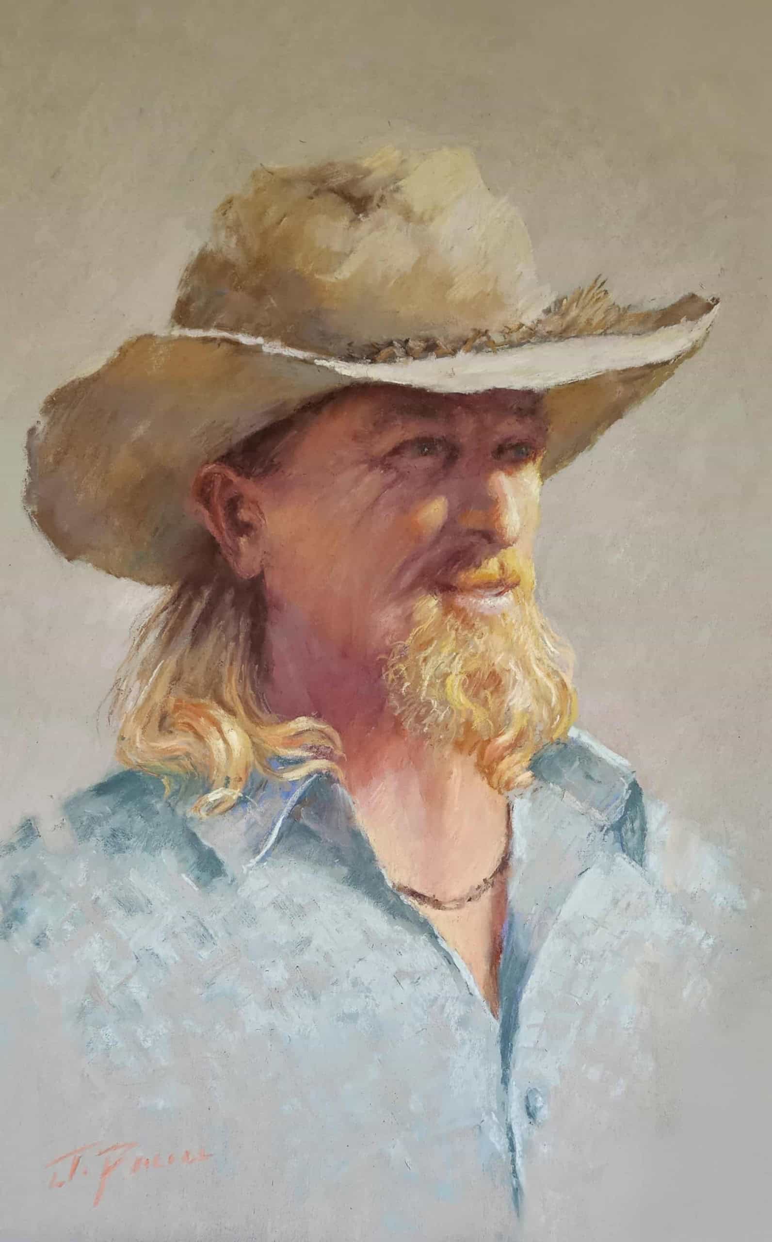 Portrait of a man with a cowboy hat, blonde hair, and beard, painted in a realistic style.