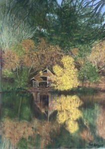 Beautiful pastel artwork showcasing a tranquil lakeside scene with vibrant autumn foliage.