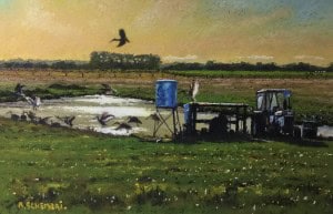 Birds feeding at waterhole, pastel painting by A. Schumann.