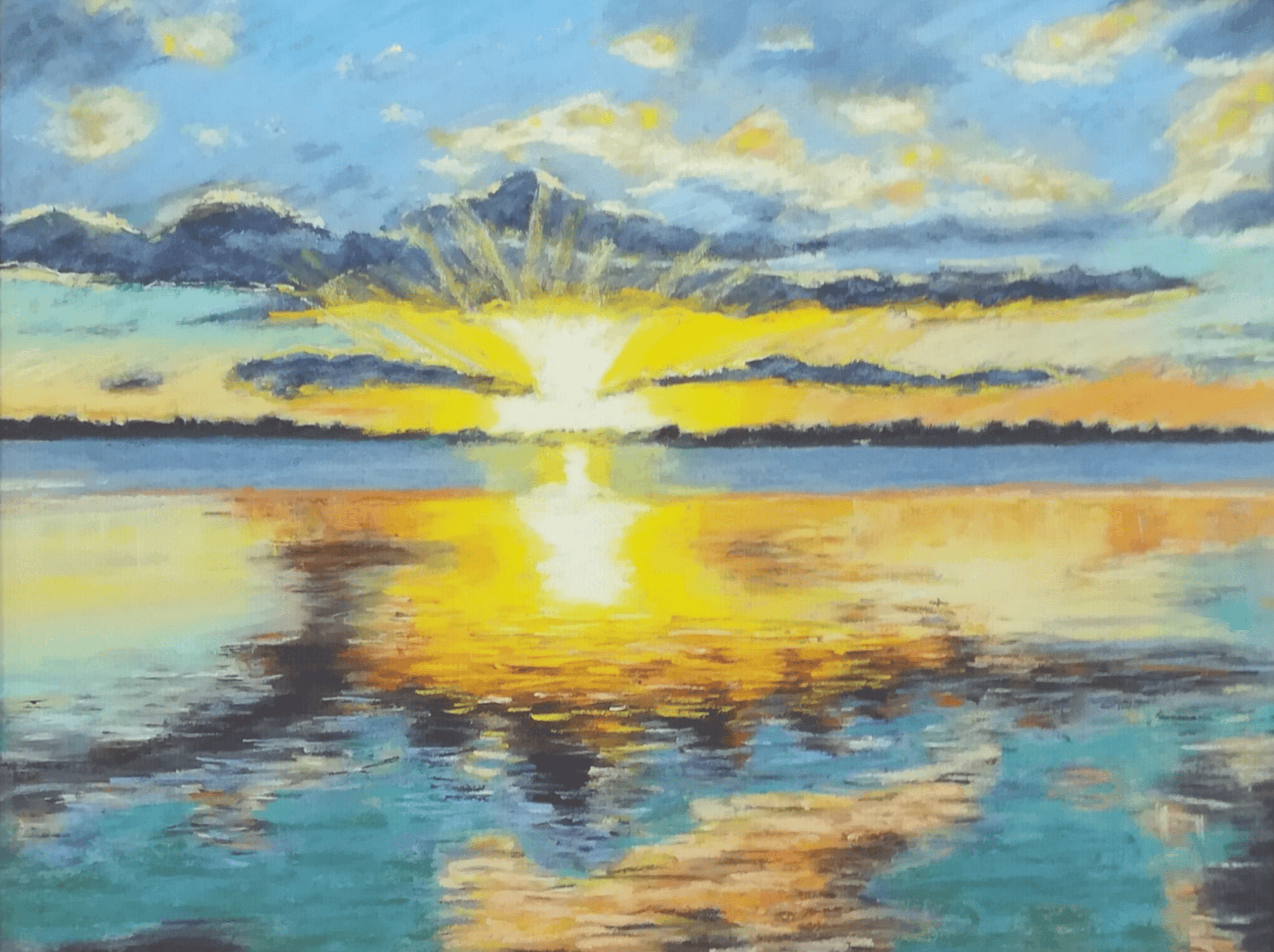 Sunset pastel artwork showcasing vibrant colours and reflections on water.
