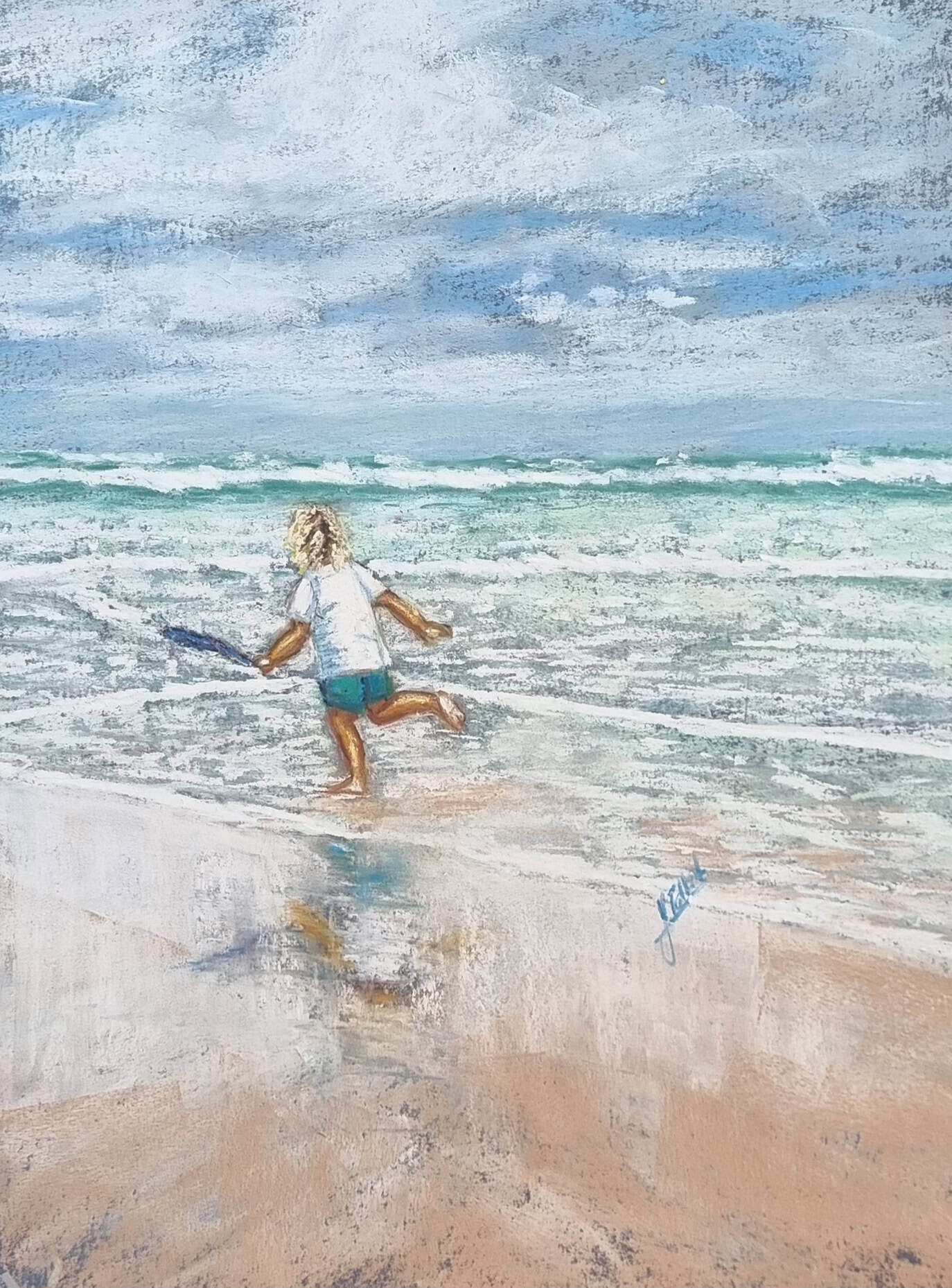 Girl with surfboard running into the ocean at the beach, pastel artwork.