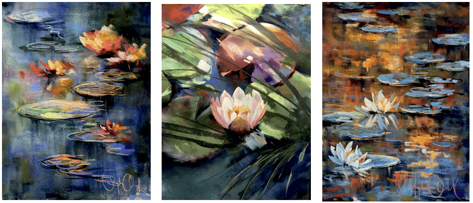 Three water lily watercolour paintings from The Pastel Society of Victoria.