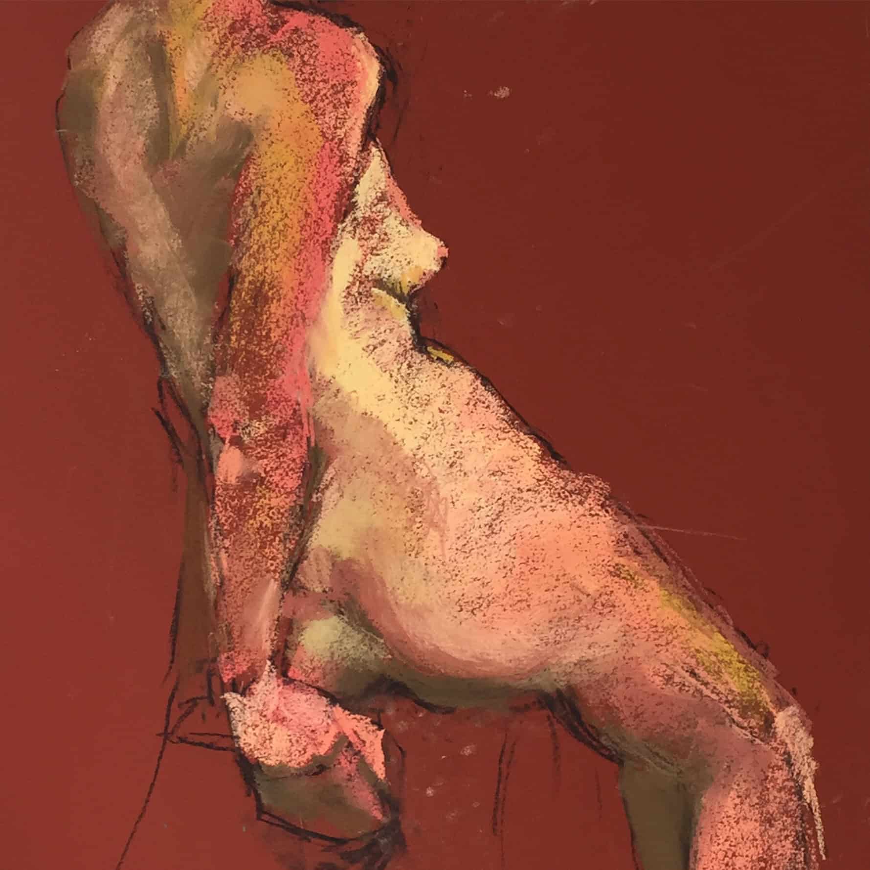 Expressive nude female figure drawn from 'life' with warm tones and textured brushstrokes - by Sharon Martin