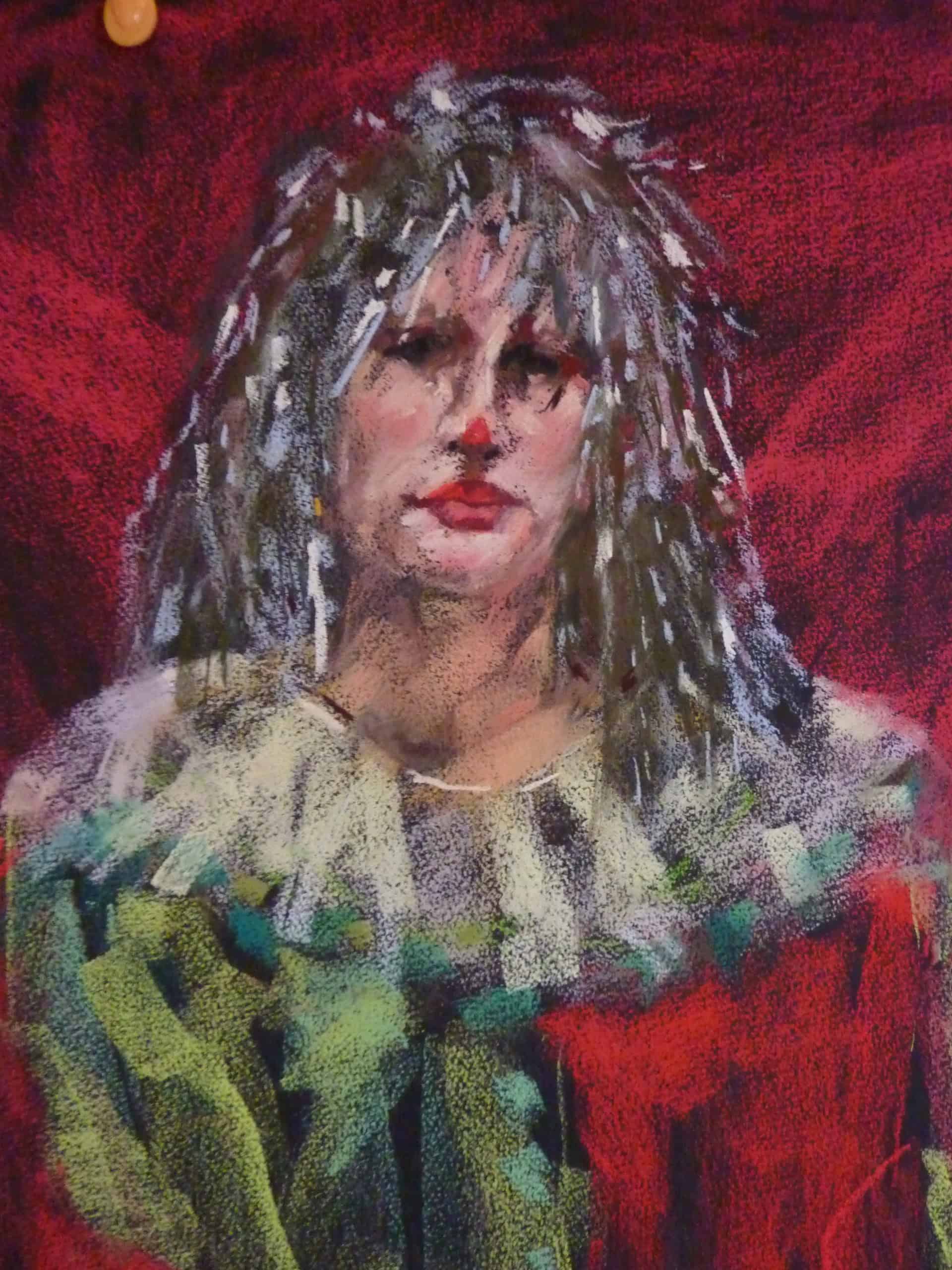 Portrait in soft pastel of a clown - painted from Life by Sharon Martin