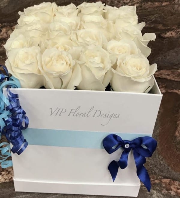 square hat flower box with white roses