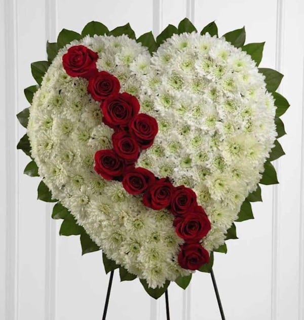 white and red funeral heart