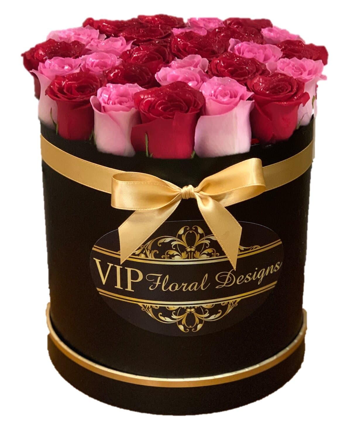 hat flower box red and pink roses