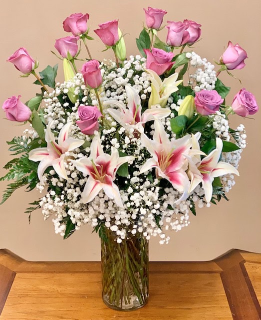 Lavenders roses and pink lilies