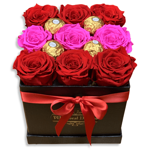 9 Red And Pink Preserved Roses With Chocolate | VIP Floral