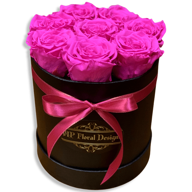 9 pink roses in a hat flower box