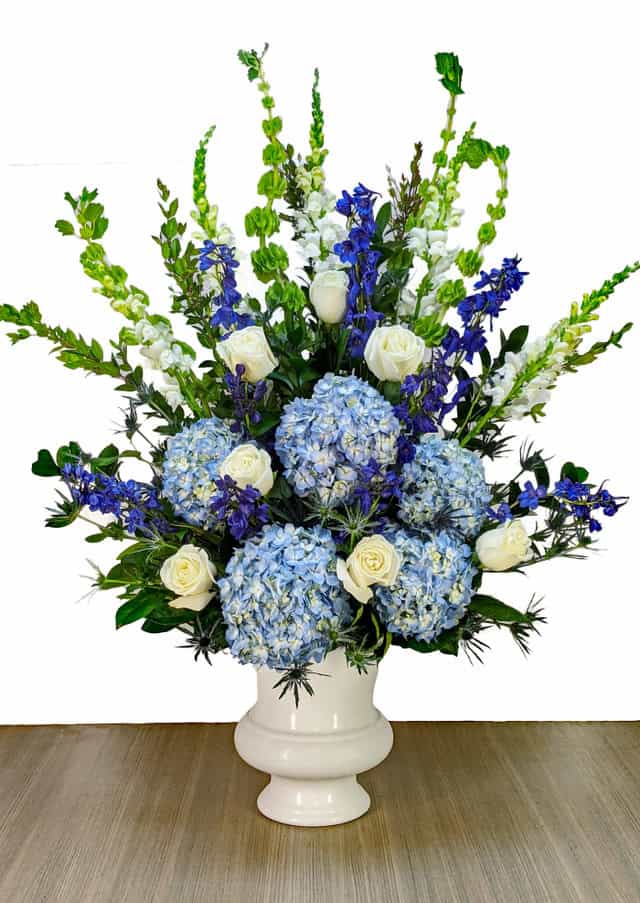 Blue and White Funeral Arrangement