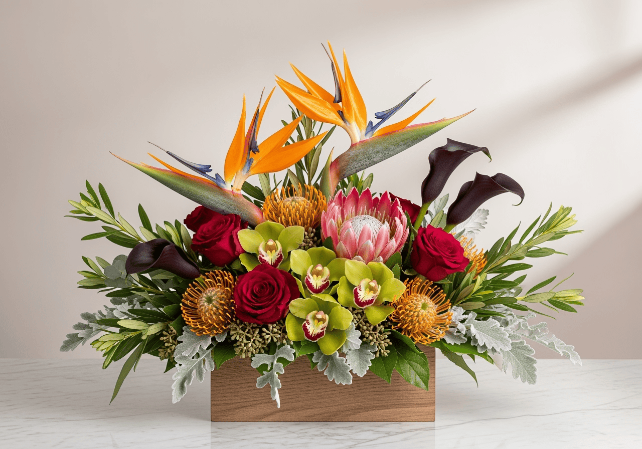 Luxury fall floral centerpiece with birds of paradise, protea, burgundy roses, and green orchids in wooden box, Las Vegas seasonal flower delivery