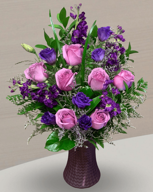Elegant Lavender and Pink Rose Floral Arrangement.