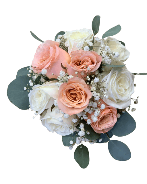 Vegas Lights Bouquet it's a bridal bouquet with peach and white roses and baby's breath