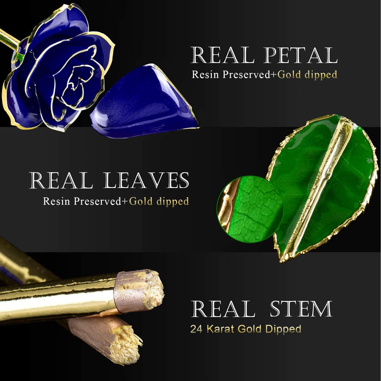 Blue and green resin-dipped real flowers and leaves with gold accents, showcasing jewelry-like craftsmanship.