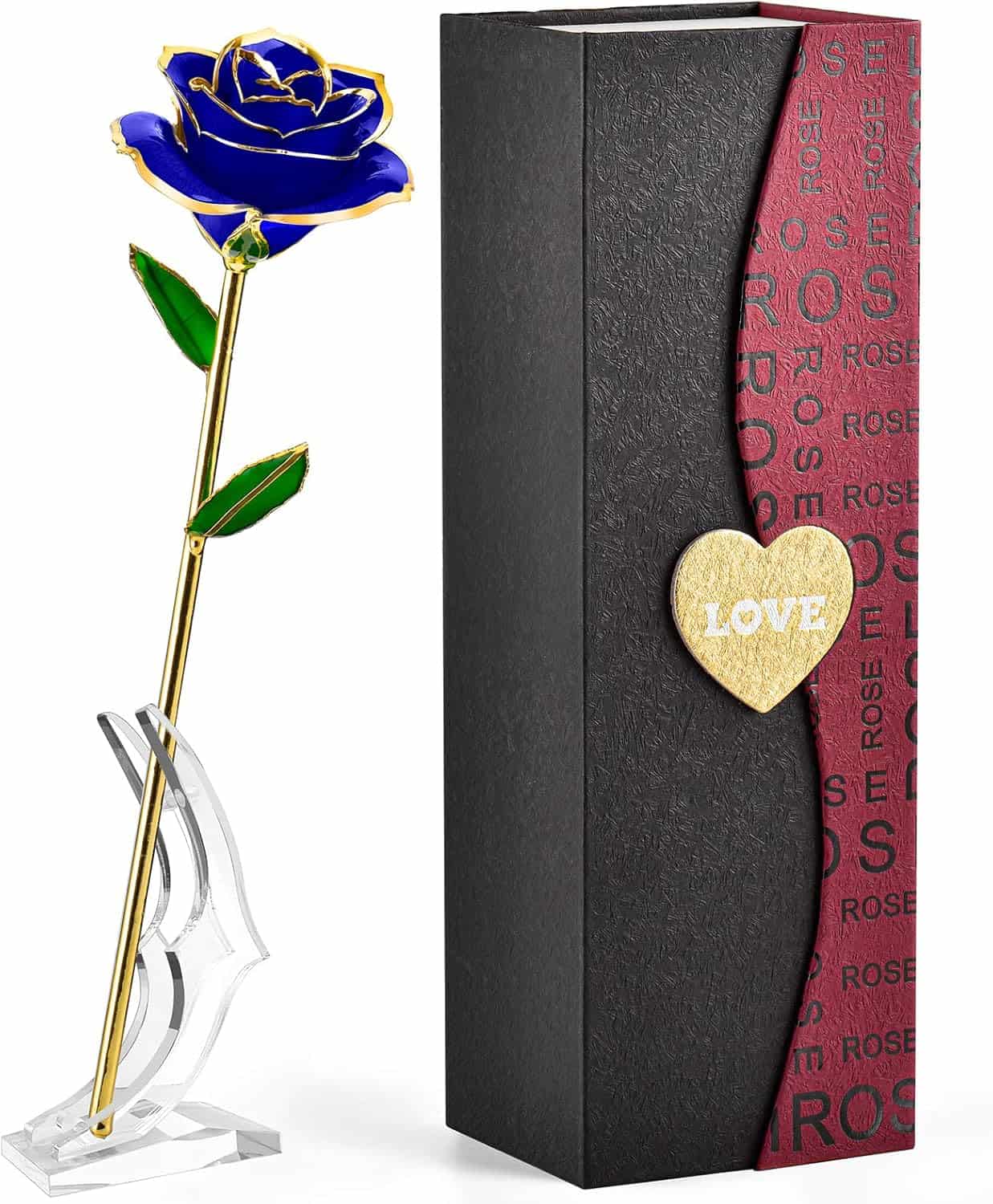 Blue enamel rose art sculpture with gold accents and glass display stand, symbolizing elegance and love.