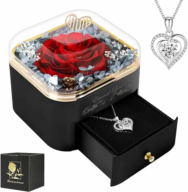 Vibrant red rose preserved inside a glass jewelry box with silver accents, accompanied by a sparkling heart-shaped pendant necklace, perfect for romantic gifts or special occasions.