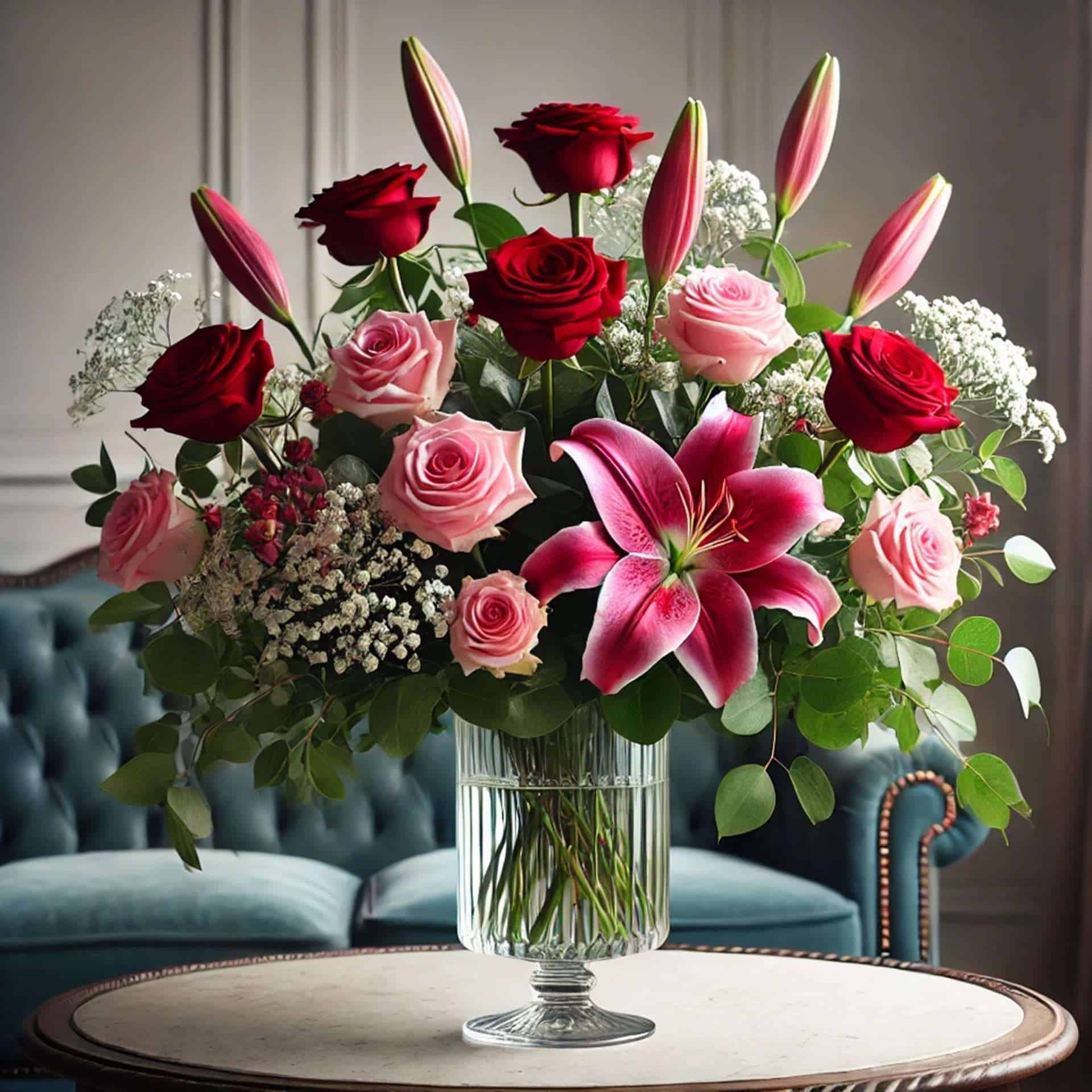 Pink and red roses with lilies and greenery in a clear glass vase on a wooden table in elegant room decor.
