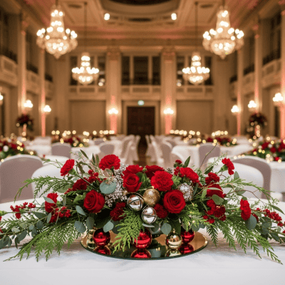 Red holiday floral centerpiece with roses, greenery, and gold and silver ornaments in an elegant banquet hall setting.