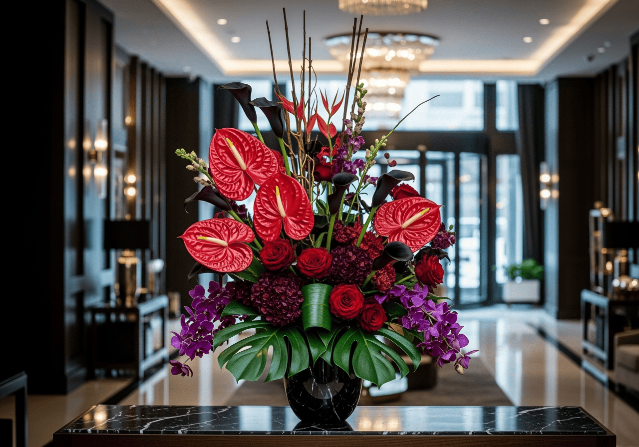 Red and purple floral arrangement with anthuriums, roses, orchids, and lush greenery in a black vase, set in an elegant hotel lobby with chandelier lighting.