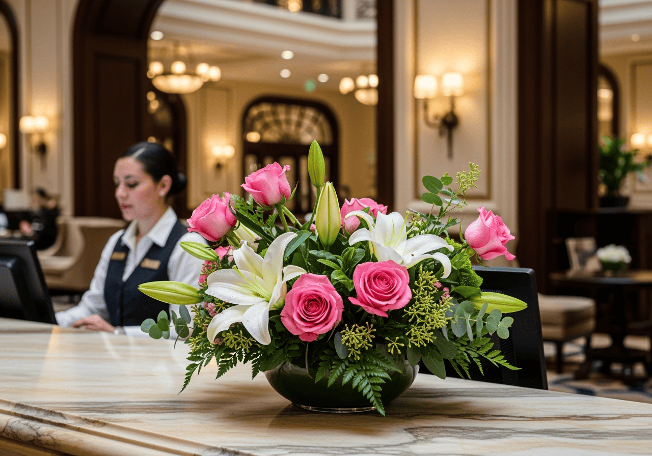 Roses and white lilies floral arrangement in a black vase at hotel reception desk with a receptionist in the background.
