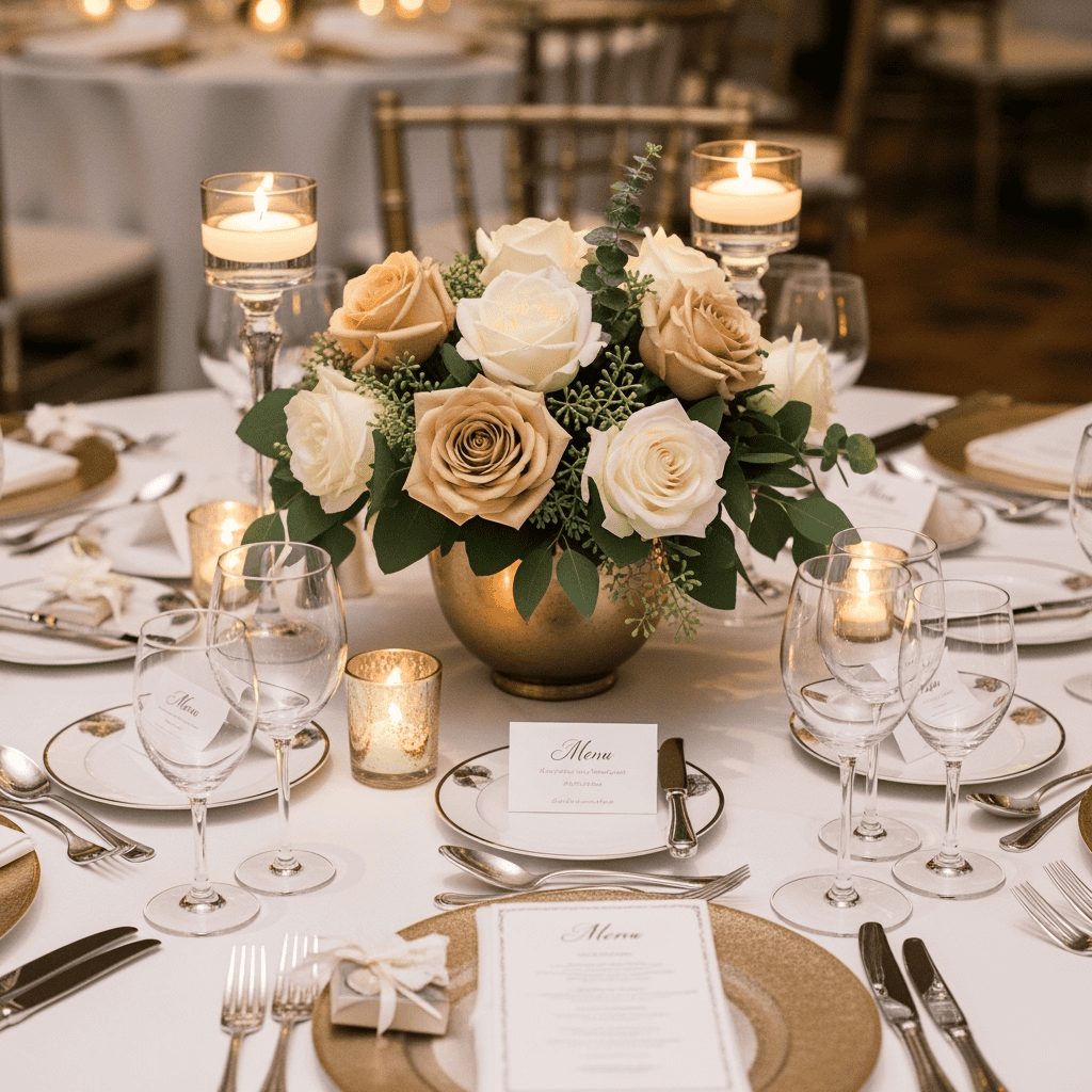 Beautiful elegant flower centerpiece with white and blush roses, gold accents, and candlelit ambiance for sophisticated event decor.
