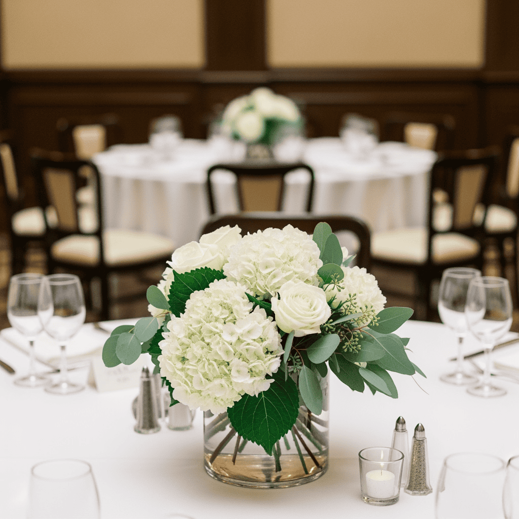 Elegant white floral centerpiece with hydrangeas and roses for a luxurious event or wedding at VIP Floral Las Vegas.
