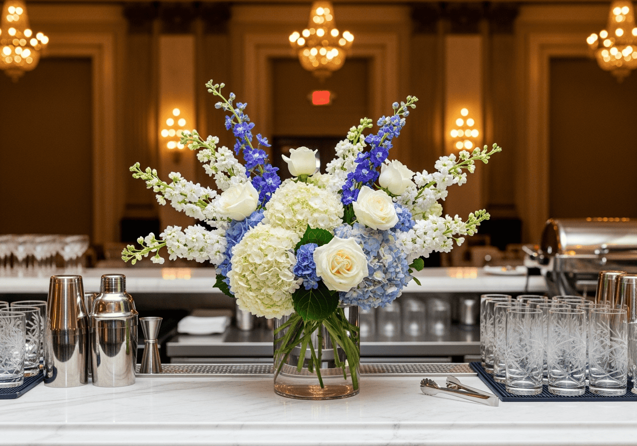 Elegant floral arrangement with white roses, hydrangeas, and blue delphiniums in a glass vase at a luxurious event venue, creating a sophisticated and inviting atmosphere.