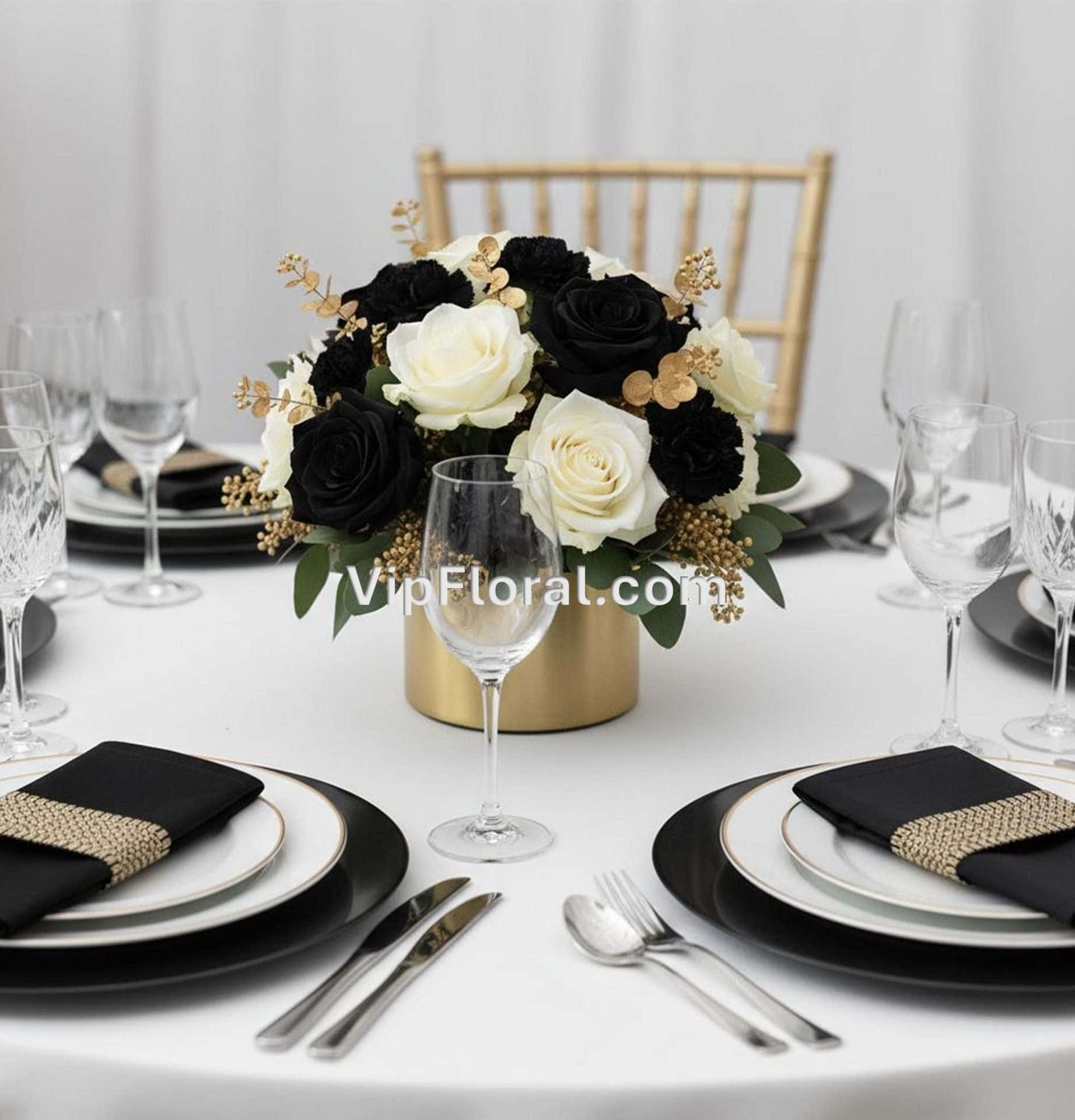 Elegant black and white floral centerpiece for sophisticated event decor, featuring roses and gold accents, perfect for upscale dinner parties, weddings, or special occasions in Las Vegas.