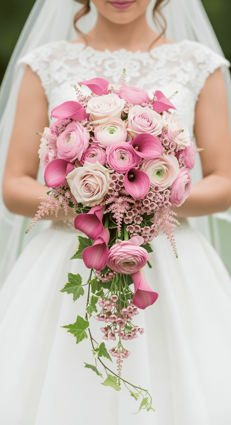 Pink cascade bridal bouquet with medium pink calla lilies, light pink roses, and ranunculus in waterfall style for Las Vegas wedding